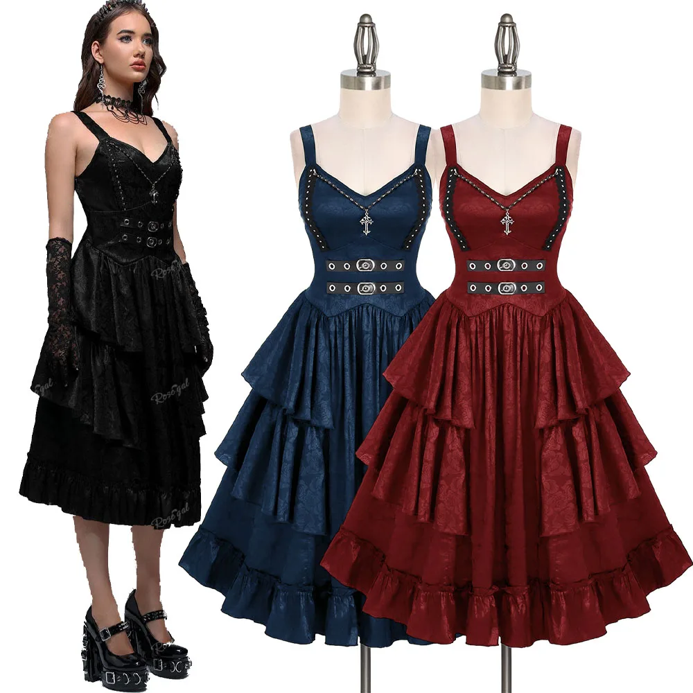 ROSEGAL Plus Size Victorian Gothic Jacquard Grommets Buckle Cross Layered Dresses Women's Punk Sleeveless Party Dress Vestidos