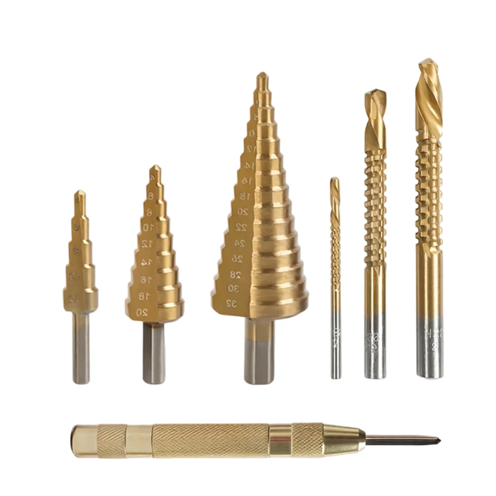 Center Punch Step Drill Bit Set For Sheet Metal Titanium Coated Engraved Size Marks Double-edged for sawtooth For Stainless