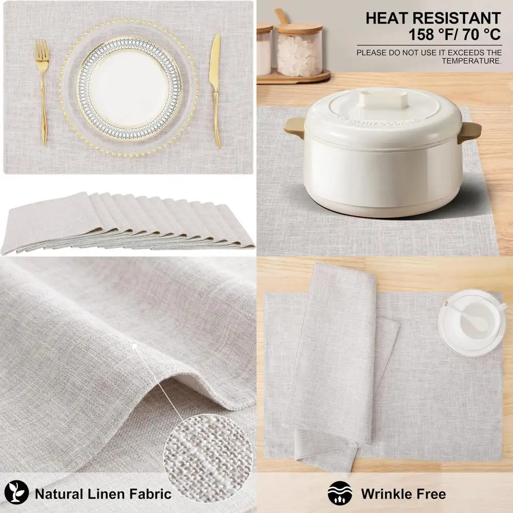 Cotton Linen Placemats Set of 12: Washable Farmhouse Style Table Mats for Indoor and Outdoor Use, Easy to Maintain Neutral Tones