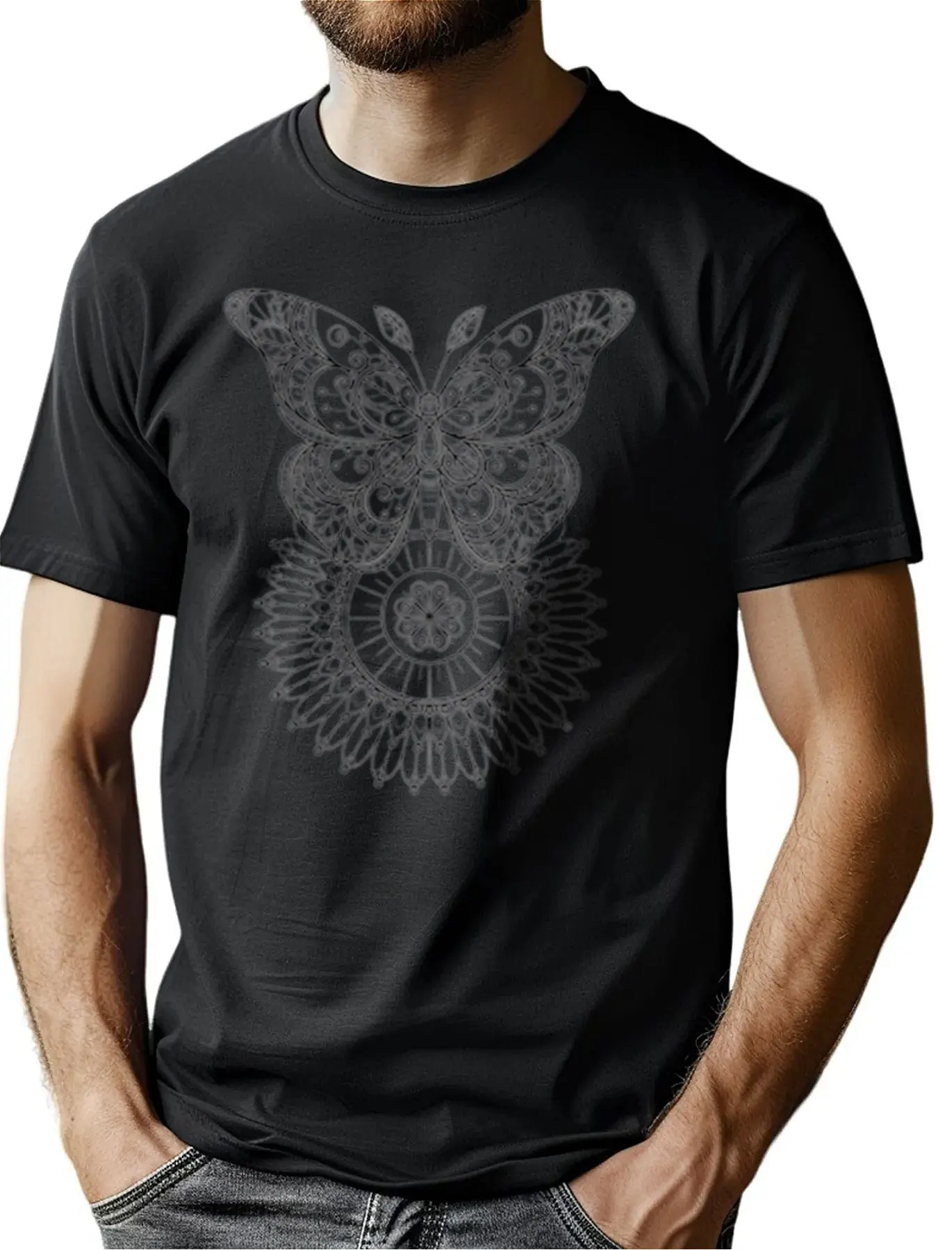

Men's Soft Cotton Crew Neck Tee With Butterfly Mandala Print, Comfortable Casual Shirt For Outdoor Activities, Christmas Gift F