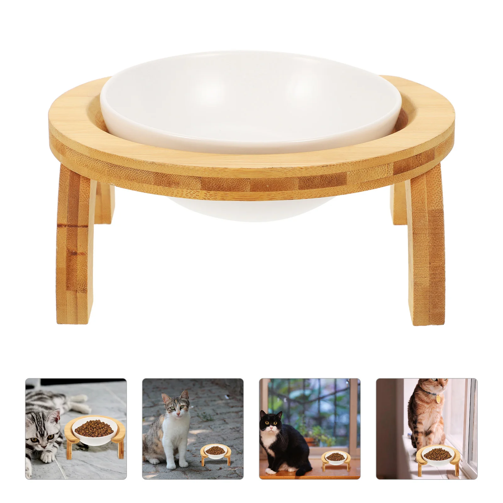 

Ceramic Cat Bowl Food Dog Elevated Feeding Large Bowls Wooden Puppy Pet Raised Feeder