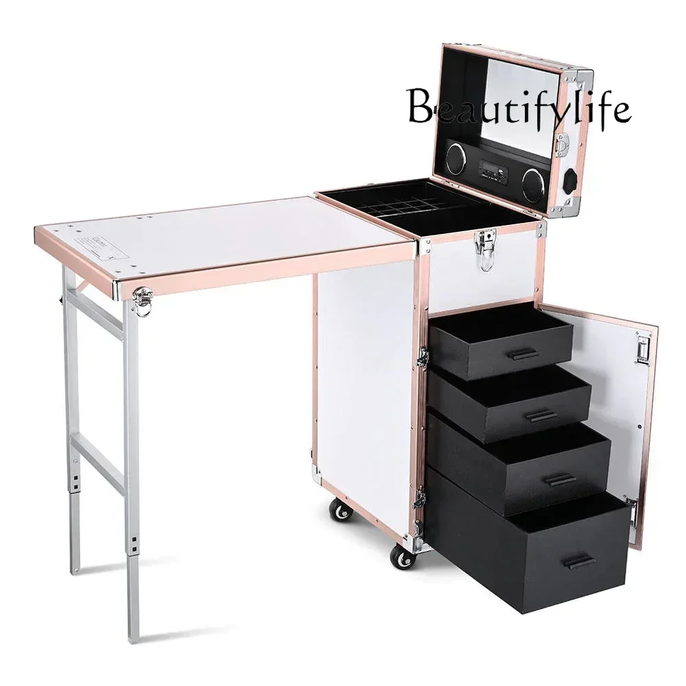N49 X Cosmetic Organizer Box With Portable Manicure Nail Table On Wheels With Drawer Station Desk White Professional