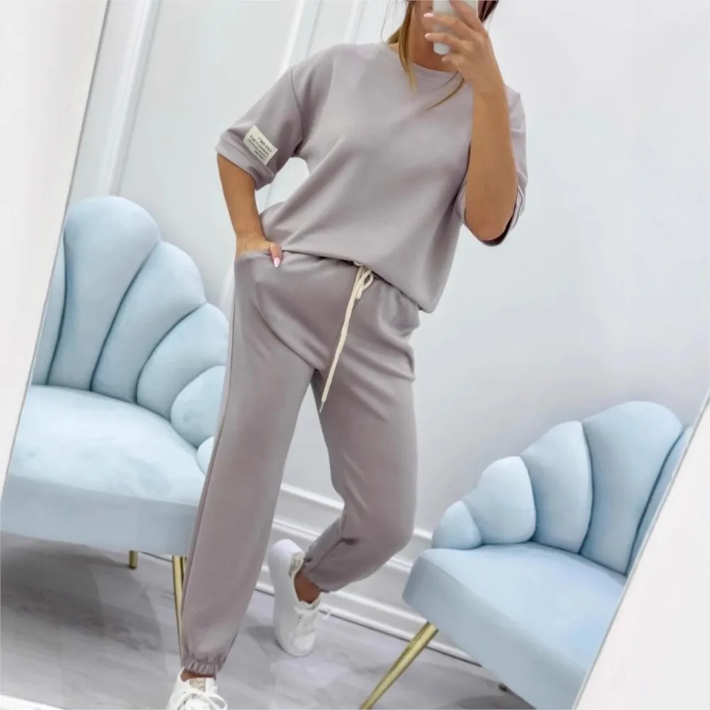 Feminino casual calças diárias conjunto 2025 verão moda em torno do pescoço de manga curta camiseta + calças com punho de renda conjunto de duas peças roupas esportivas