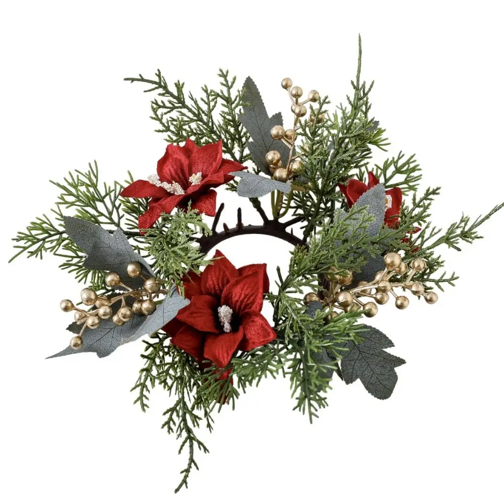 Small 25cm Christmas Candle Rings Artificial Plastic Candle Holder Rings with Flower Xmas Candle Wreath