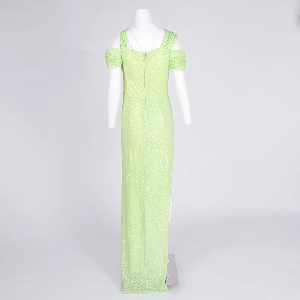 Vestido de novia de noche sexy con cuentas verdes para mujer – Vestido de fiesta con hombros descubiertos y abertura alta