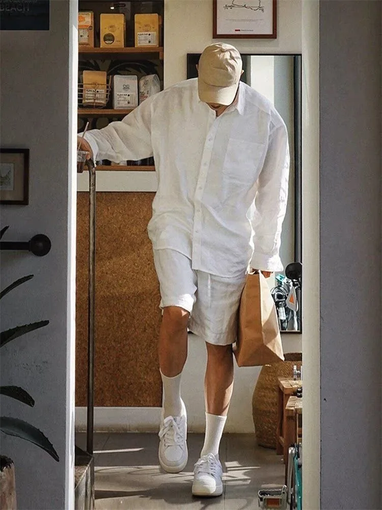 

Loose Fit Cotton Linen Shirt Shorts Set for Men American Casual Style Long Sleeve Summer Outfit Five Parts Short Pants