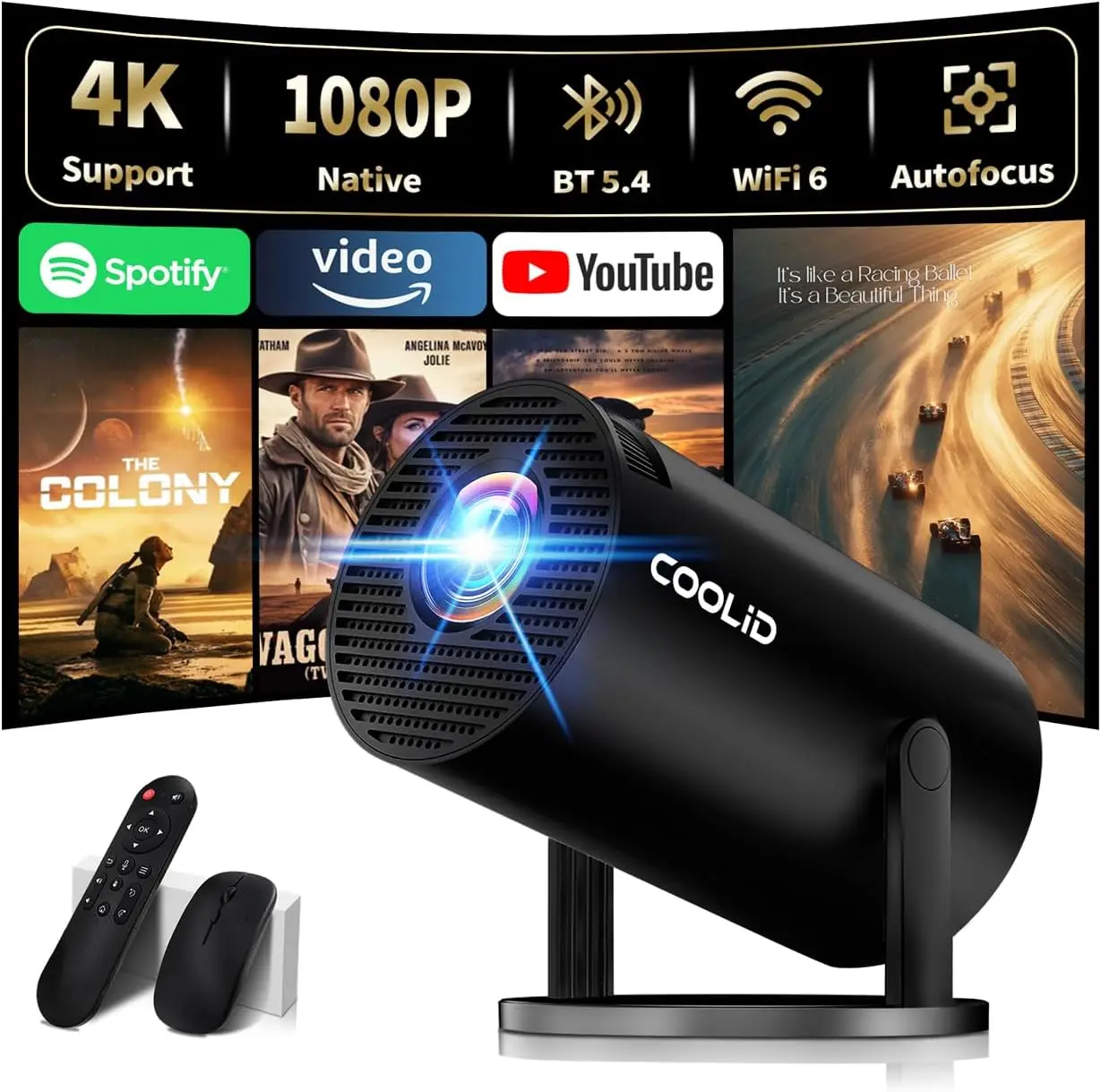 

Mini Projector 4K 1080P Auto Keystone 180° Rotatable WiFi 6 Bluetooth 5.4 Portable HDMI TV Stick Laptop