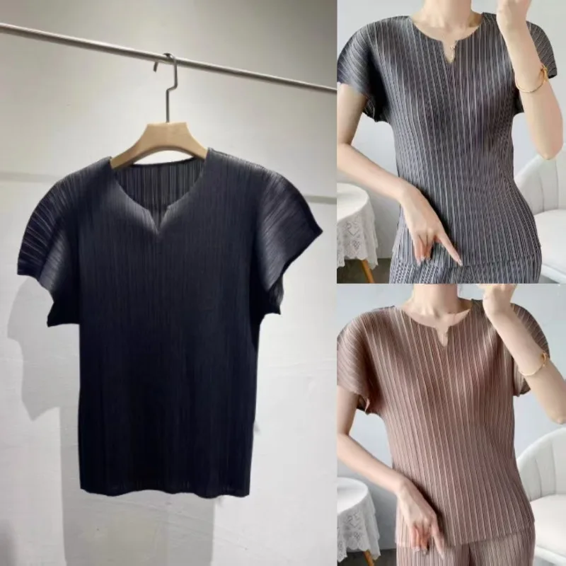 

Miyake модная летняя плиссированная футболка с короткими рукавами 2025 Miyake женская однотонная одежда в стиле ретро повседневная тонкая темпераментная плиссированная футболка