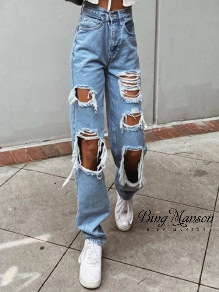 

Women's Jeans Zipper Wide Leg Women's Denim Pants High Waist Denim Pants Non Elastic Women's Split Sexy Perforated Loose Jeans