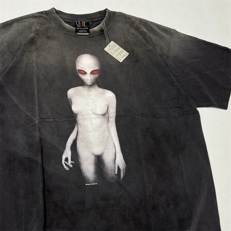 

Черная стираная SAINT Mxxxxxxxx Alien принт с короткими рукавами для мужчин и женщин 1:1, винтажная футболка большого размера лучшего качества