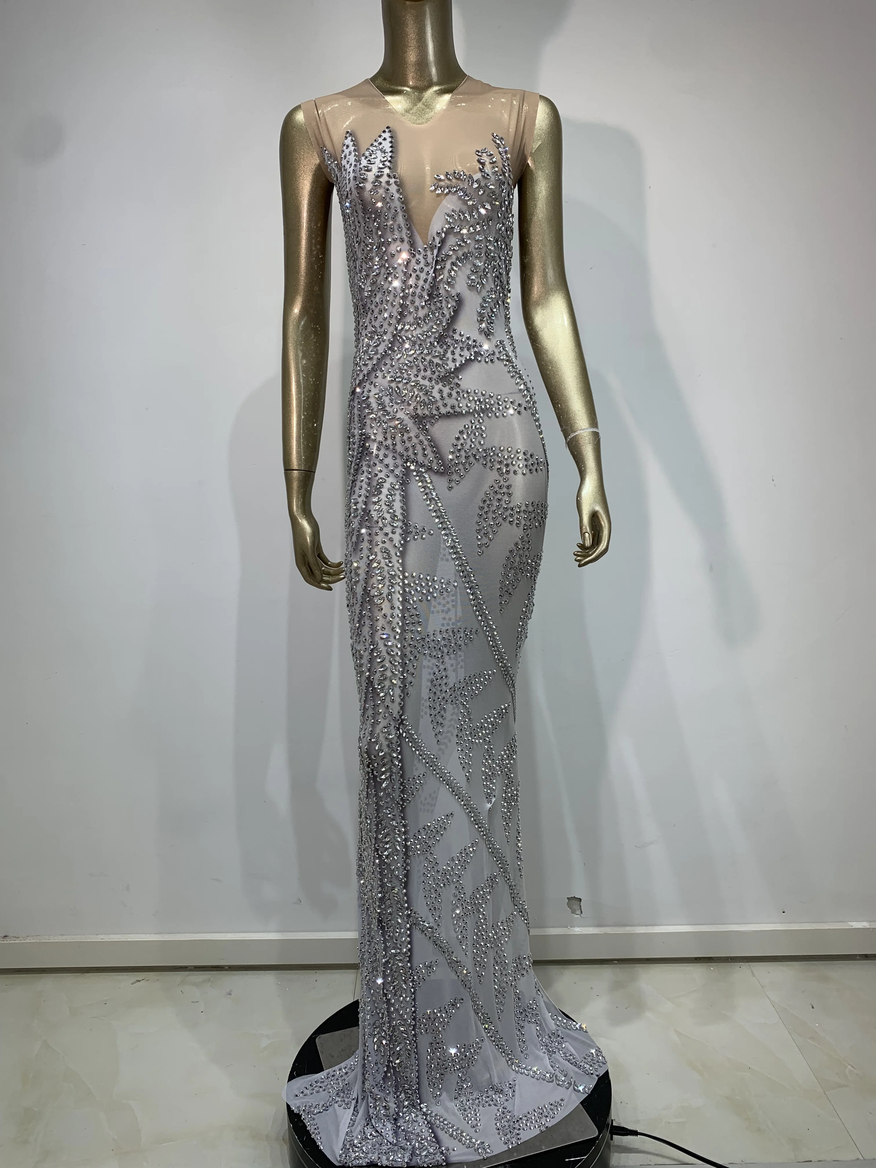 Luxus Strass Geburtstag Bodycon Kleid Frauen Sexy Durchsichtig Stretch Abend Prom Kostüm Sänger Leistung Bühne Outfit ﻿