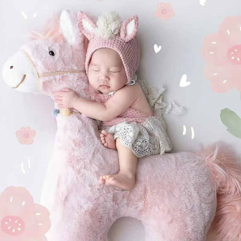 Newborn Baby Girls Photography Props Pink Theme Cute Furry Posing Horse Doll Outfit with Hat Set Backdrop for Studio Photoshoot
