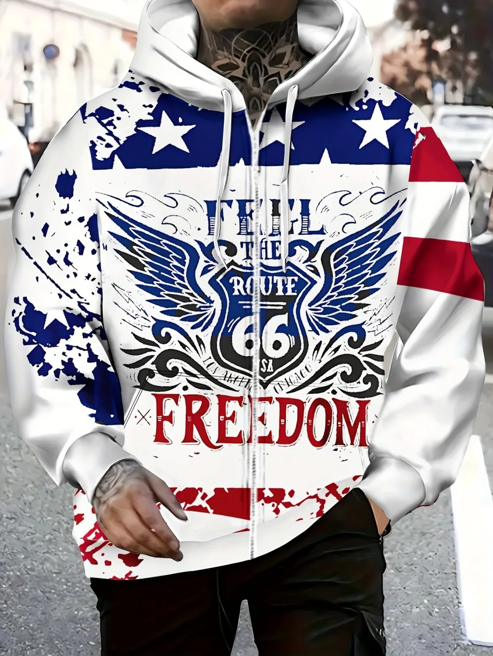 

Mens Full Zip Hooded Trend American Flag Graphic Print Casual Outdoor Coat Drawstring Hood Pockets Long Sleeve Oversized Hoodie