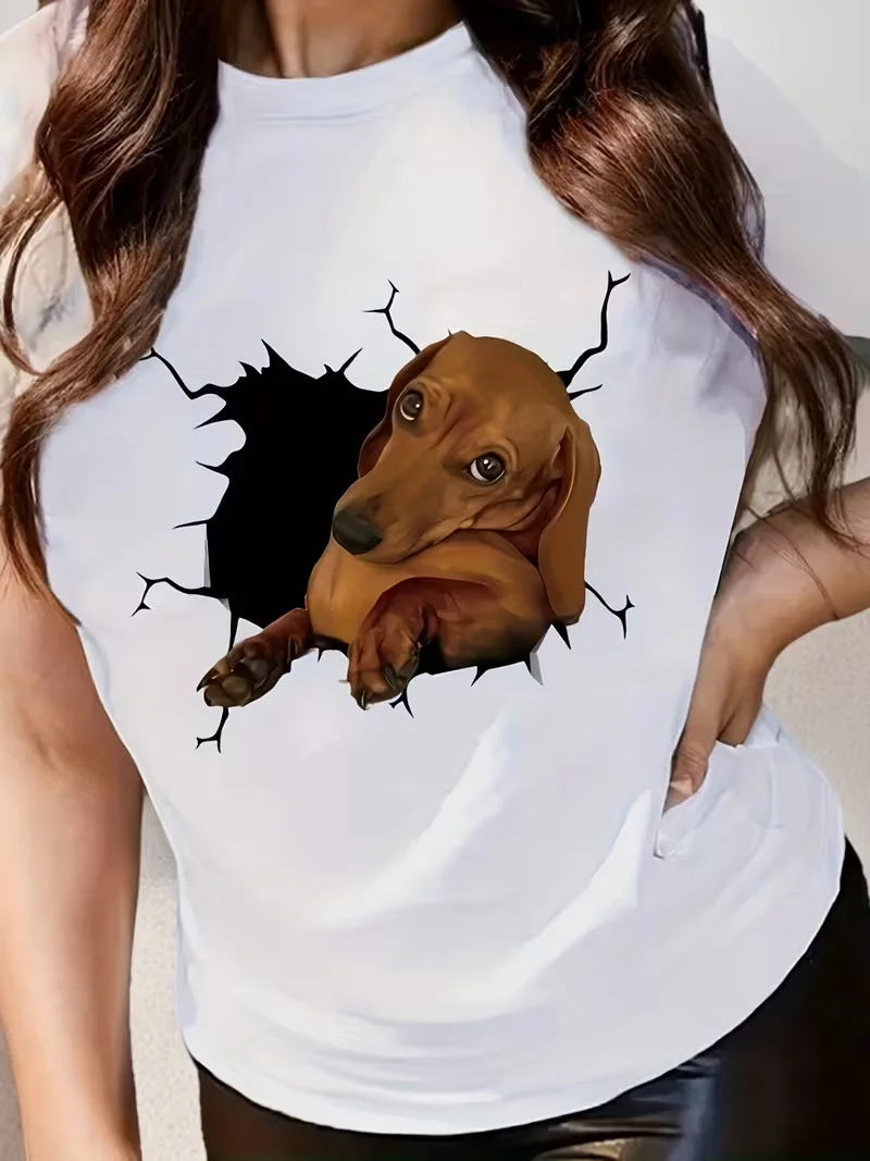 Vintage Distressed 3D Dachshund Breaking Through Print T Shirt Retro Cute Wiener Dog Short Sleeve Tee for Women Streetwear