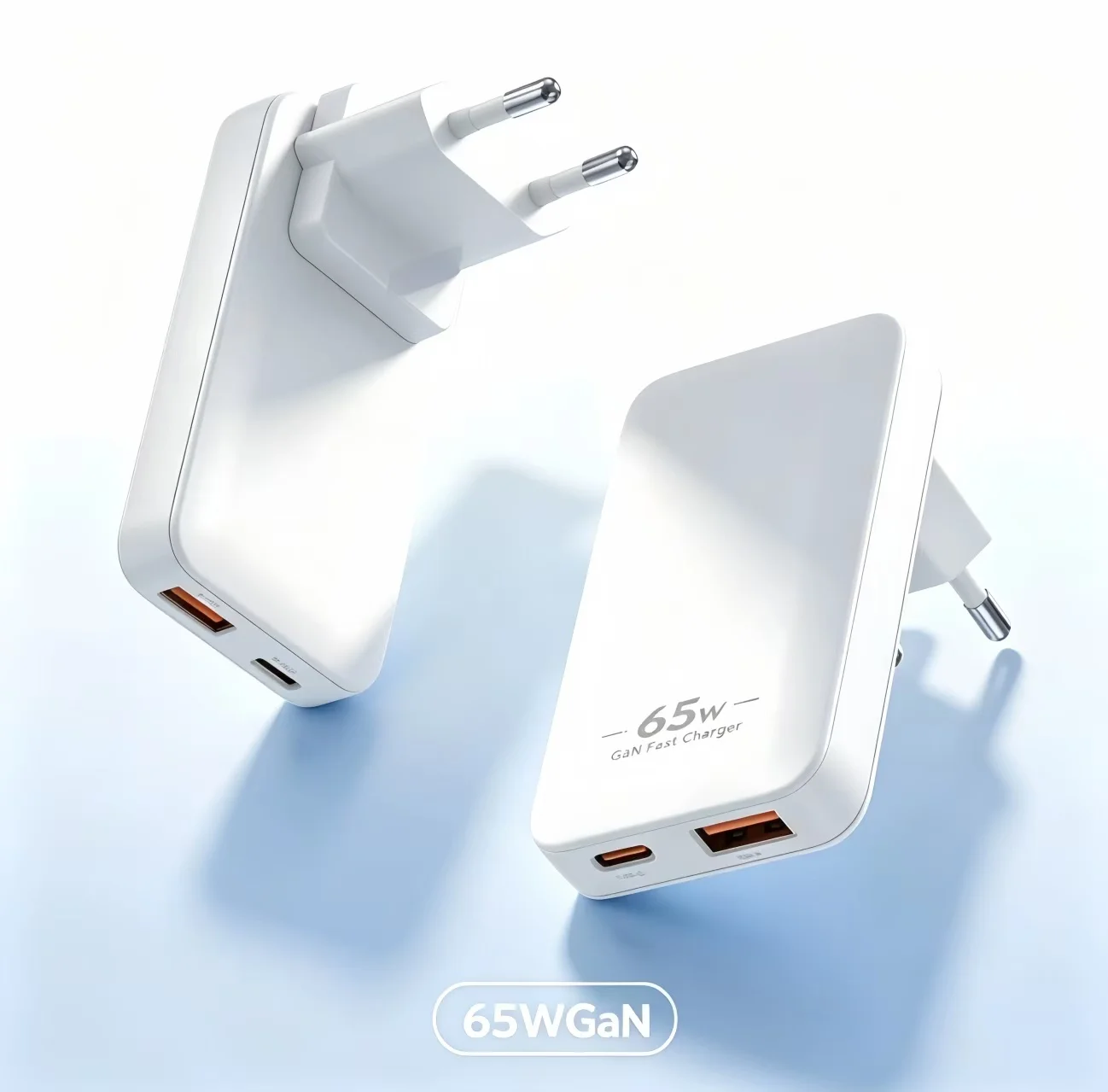 65W GaN Removable EU Plug Travel Charger, 2-Port USB C Fast Charging Block PD PPS QC 3.0 for Phone Laptop Tablet MacBook Samsung