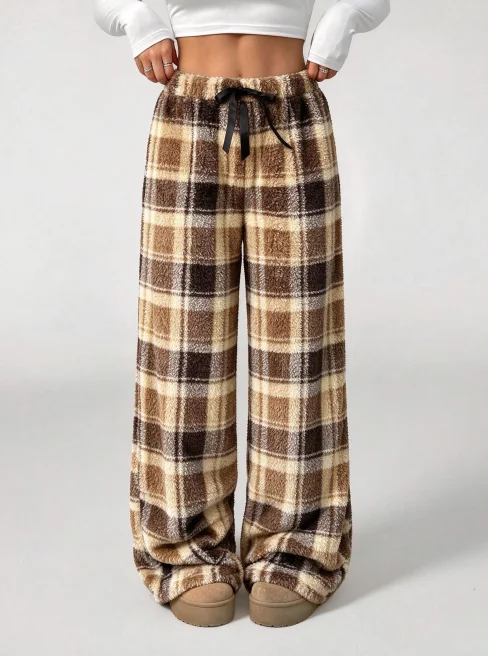 Damen, braune, karierte, flauschige Hose mit weitem Bein, Kordelzug, elastischer Bund, Buffalo-Karomuster, Flanellhose, warm, locker geschnitten, lässig, für den Hausgebrauch, Unterteil. – Detail 1