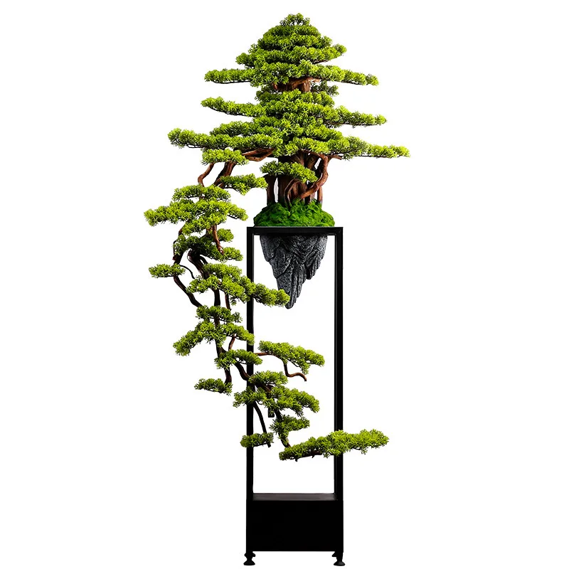 zv-Chinese simulation solid wood welcome pine lucky green plant living room fake tree landing club large opening gift ornament*