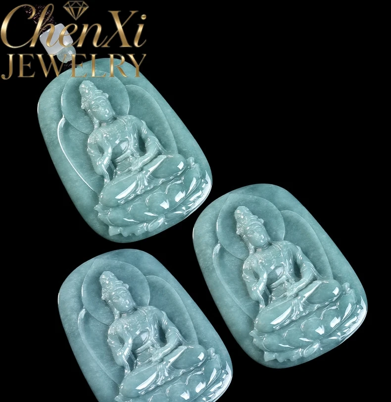 

High Natural Genuine A-Grade Ice-grade Blue water Jadeite Pure Vase Guanyin pendant Chinese Style Lucky Protection Jewelry Gift
