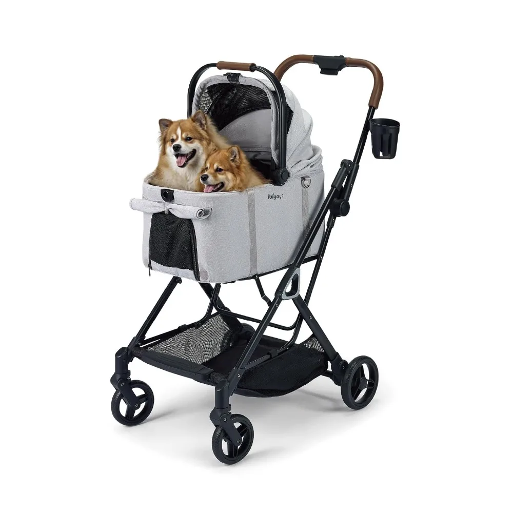3-in-1 Pet Stroller for Small Dogs and Cats: Dual-Opening Canopy, No-Flat Wheels, Vegan Leather Handle, Large Storage Basket