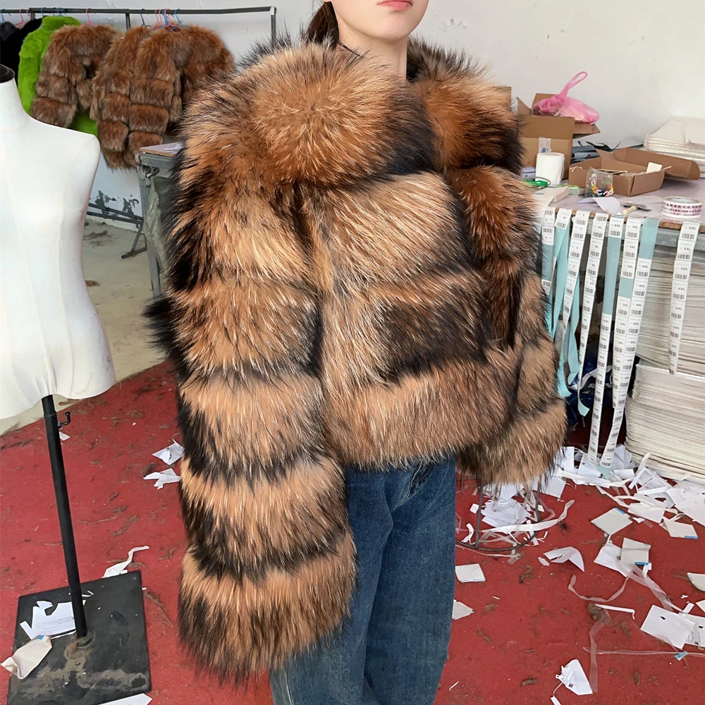 QUEENTINA Real Raccoon Fur Coat Winter New Outwears Women's Fashion Jacket High Quality Clothing Natural Raccoon 2025