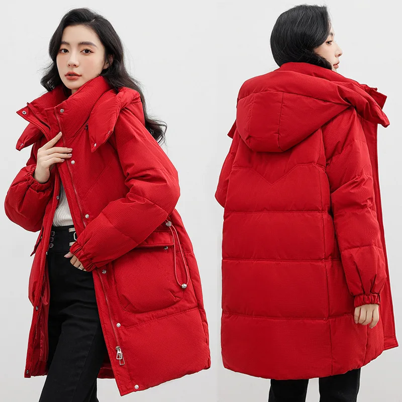 Women Hooded Parkas Coats Mid Lenth Overcoat Solid Drawstring Zip Long Sleeves Loose Thick Casual Office Lady 2025 Autumn Winter