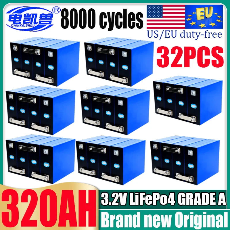 32pcs 3.2V 320ah A-level 8000 cycles LiFePo4 battery DIY48V RV marine solar lithium iron phosphate rechargeable battery tax-free