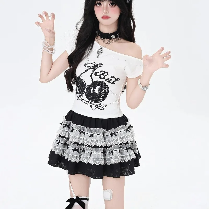Japanese Black And White High-waisted Mini Skirts Lace Bow Sweet Versatile 2025 Spring Summer Puffy Cake Skirt Women's Clothing