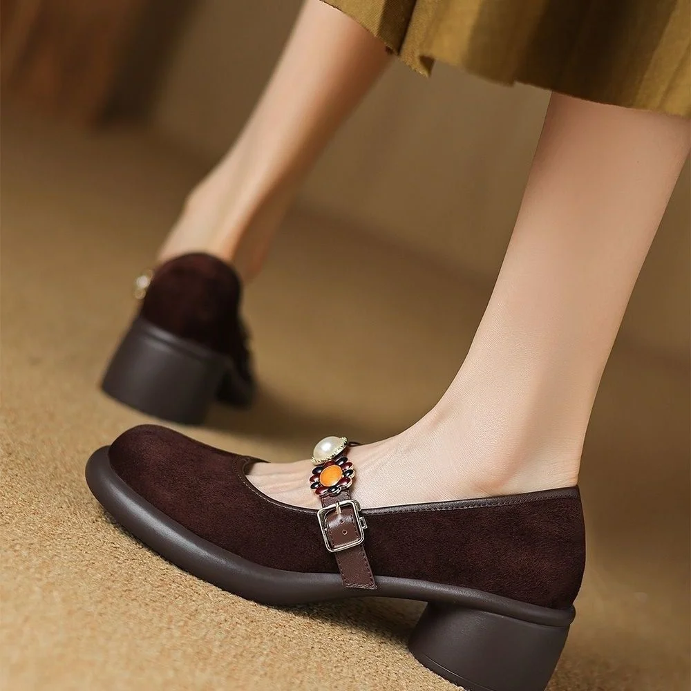 الفرنسية خمر المنخفضة قطع ماري جين أحذية المرأة الربيع الصيف جديد جولة رئيس كعب مسطح المطاط تسولي طبقتين جلد الخنزير بطانة #3