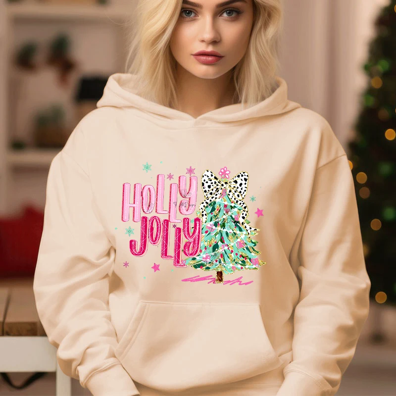 Winter Women Christmas Hoodies Funny Letter Leopard Print Bow Christmas Tree Pullover Long Sleeve Xmas Gifts Ladies Sweatshirt