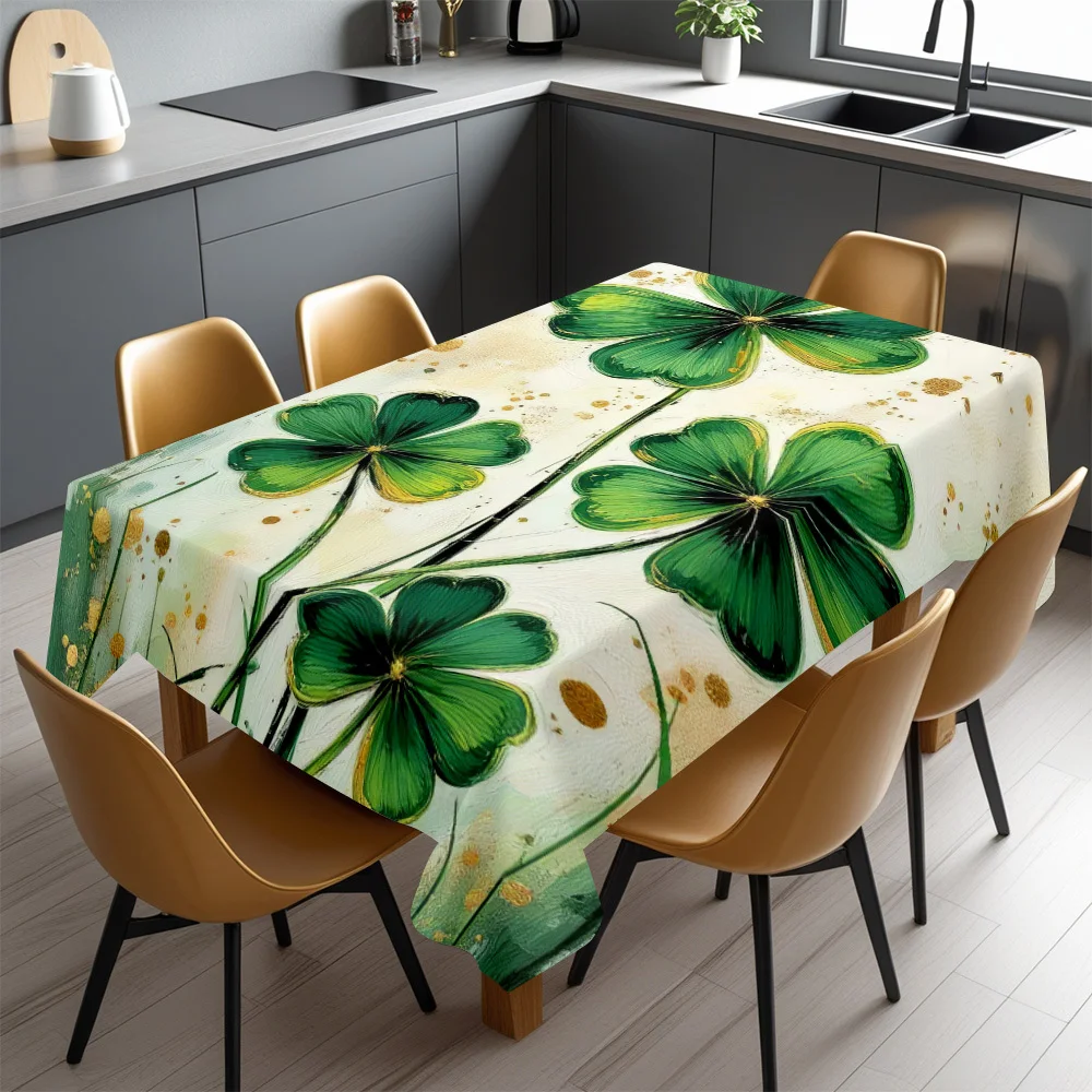 Artistic Lucky Clover Tablecloth, Cream Base With Four Leaf Shamrock Graphic Print, Rectangular Table Cover for Dining & Kitchen