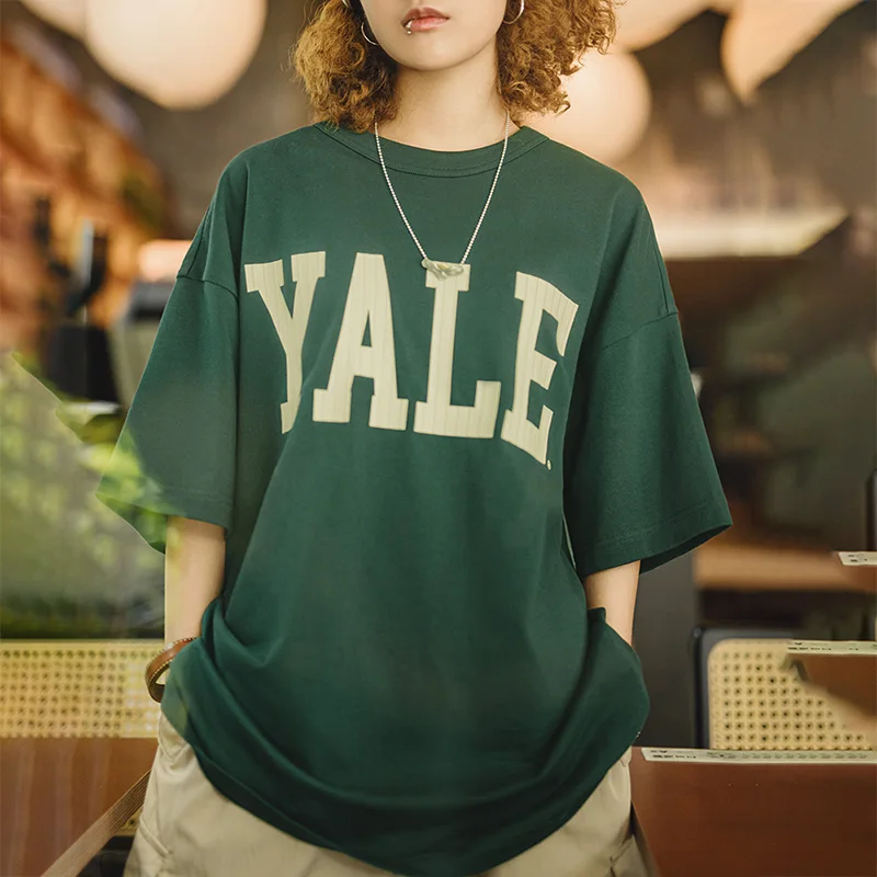 Maden Unisex Contrast Letter Print Short Sleeves T-Shirt Oversized Cotton Ribbed Crew Neck Tee Breathable Casual Summer Tops