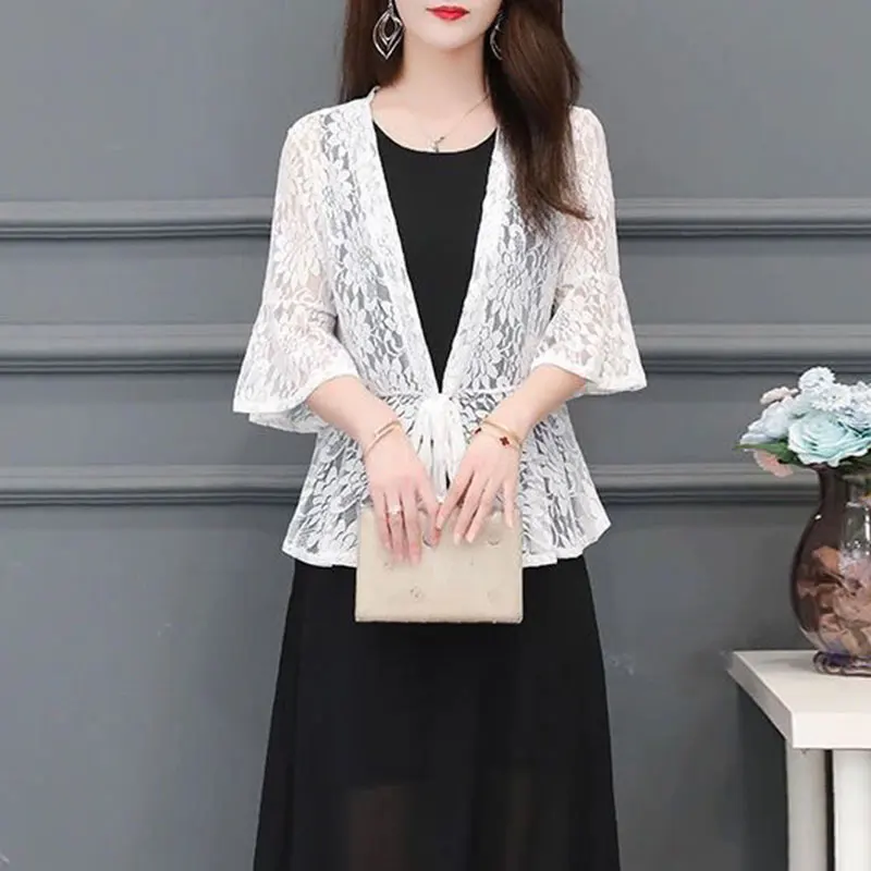 Women's Short Sleeve Thin Lace Shawl, Loose Coat, Monochromatic, Casual, Loose, All-Match, Simple, Office Lady, Summer Fashion