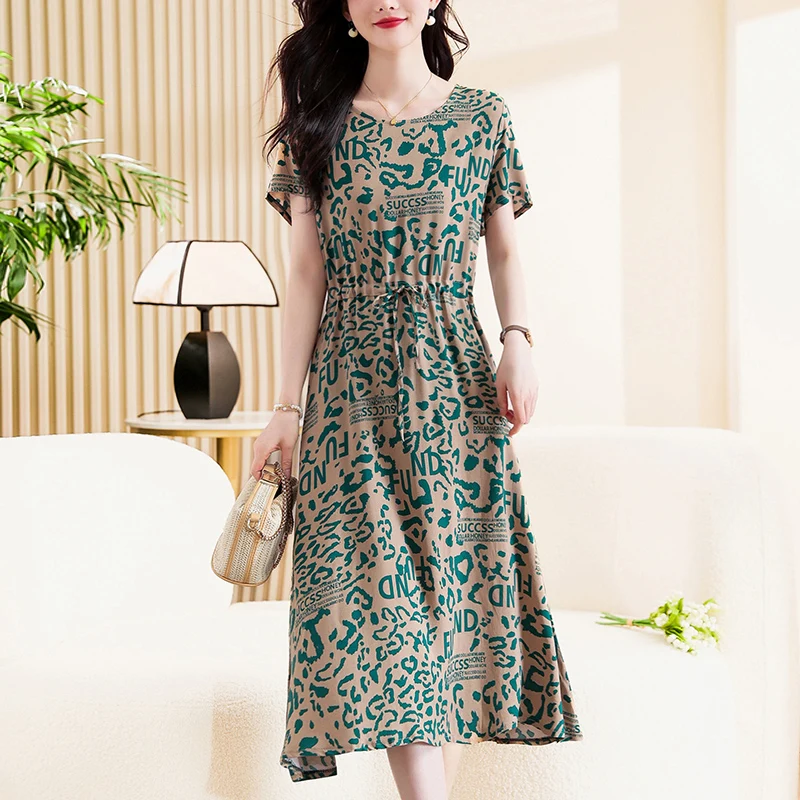 New Fashion 2024 Summer Dress Short Sleeve Print O-neck Vintage Plus Size Lady Vintage Floral Women Dress