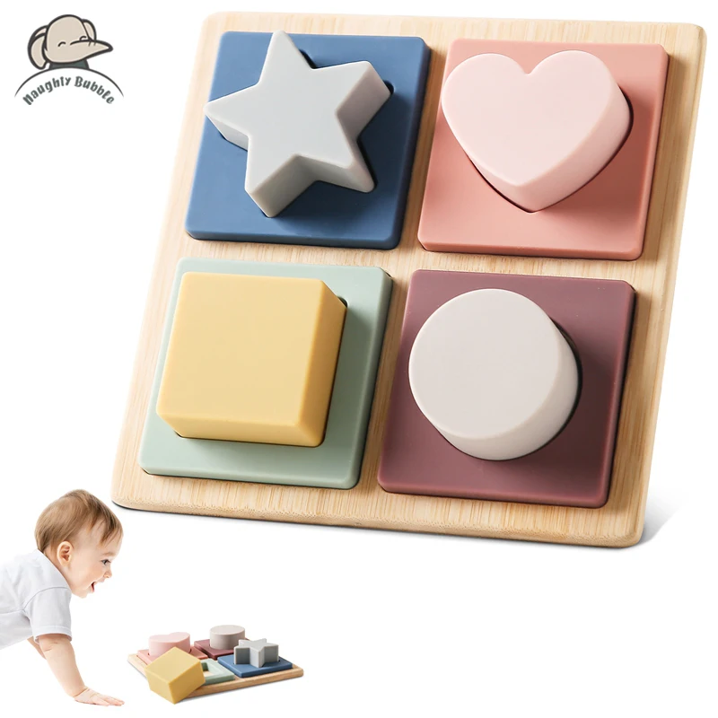 

Montessori Education Silicone Learning Shape Recognition Puzzle Wooden Board Toy for Kids Food Grade Silicone Block Baby Chewble