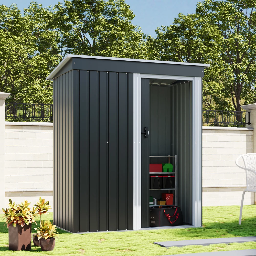 【Breeins】Outdoor Water-Resistant Galvanized Steel Storage Shed with Sloping Roof，Lockable Door for Lawn Patio Backyard