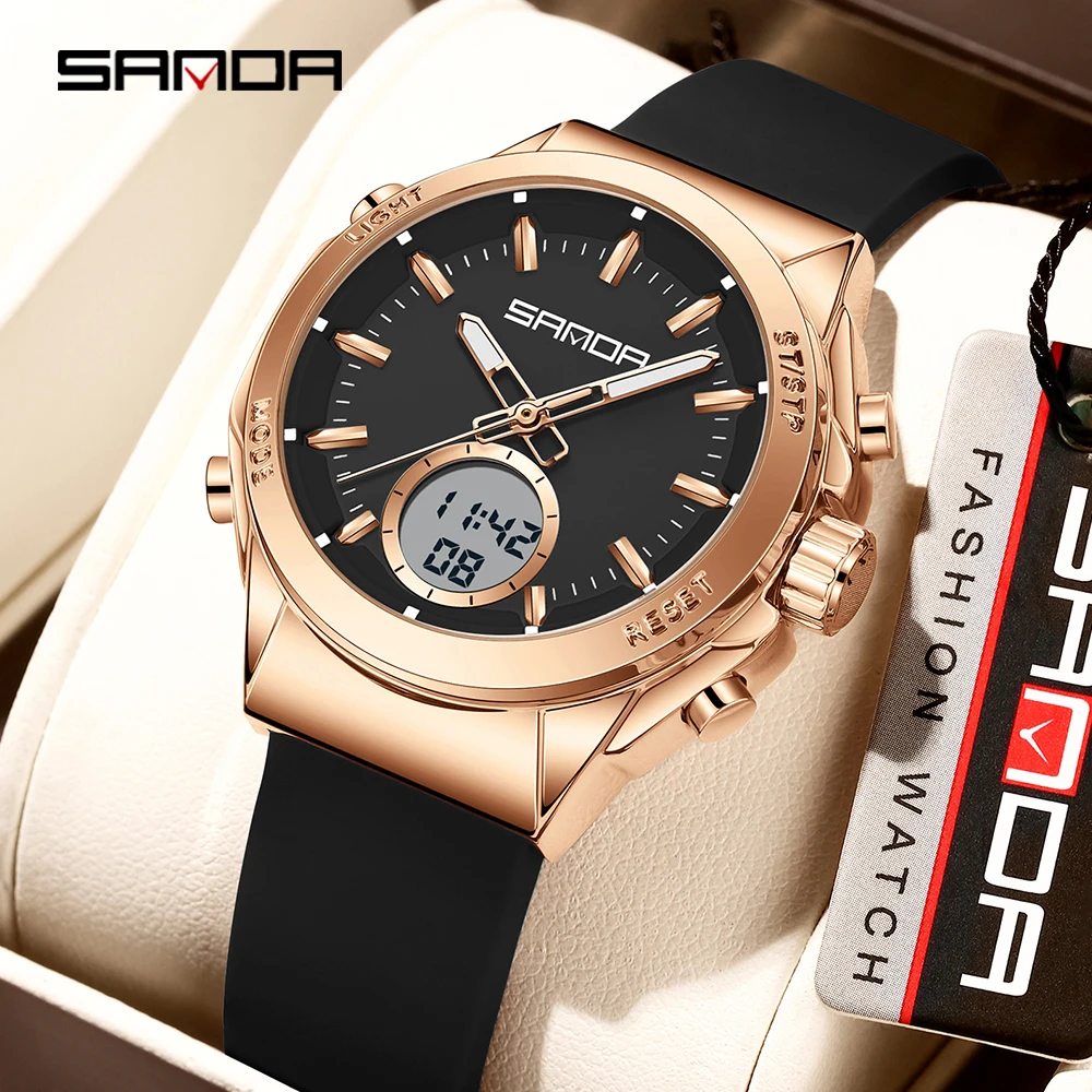 

SANDA New 9103 Женские электронные часы с двойным дисплеем Спортивные многофункциональные водонепроницаемые женские электронные часы с ночником