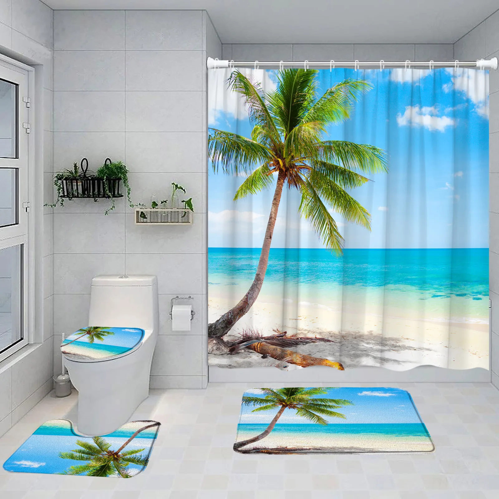 

Seaside Beach Shower Curtain Set Island Coconut Tree Hawaii Ocean Nature Scenery Bathroom Decor Non-Slip Rug Bath Mat Toilet Lid