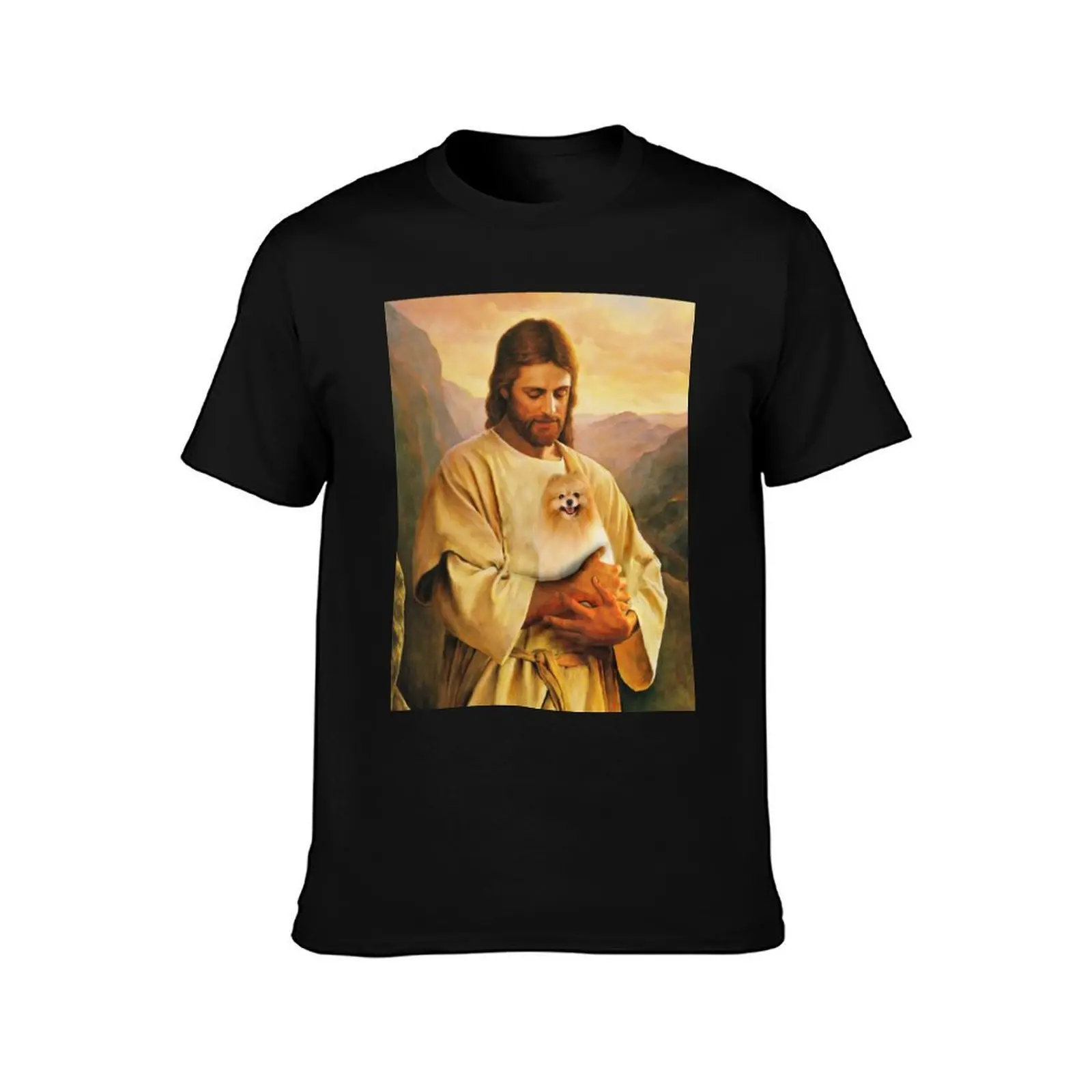 pomeranian dog and jesus lover T-Shirt, Summer Casual Cotton Tee, Oversized Streetwear Tops, Vintage Graphic Print, 100% Cotton