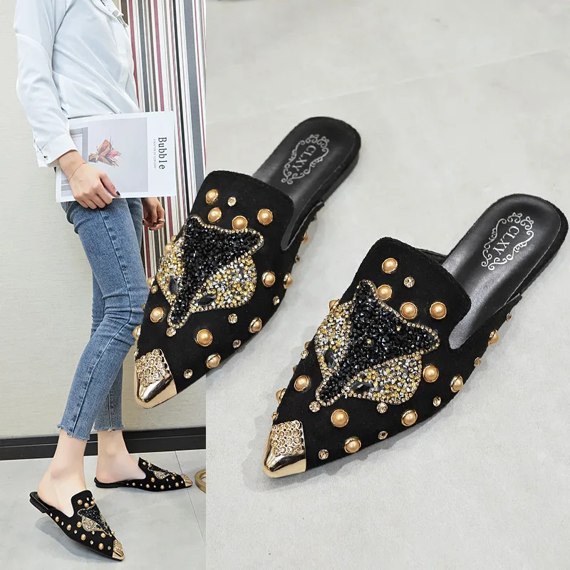 Women\'s Flat Sole Single Shoe Baotou Slippers 2023 Spring New Rivet Single Shoe Rhinestone Pointed Women\'s Shoe Lazy Muller Shoe