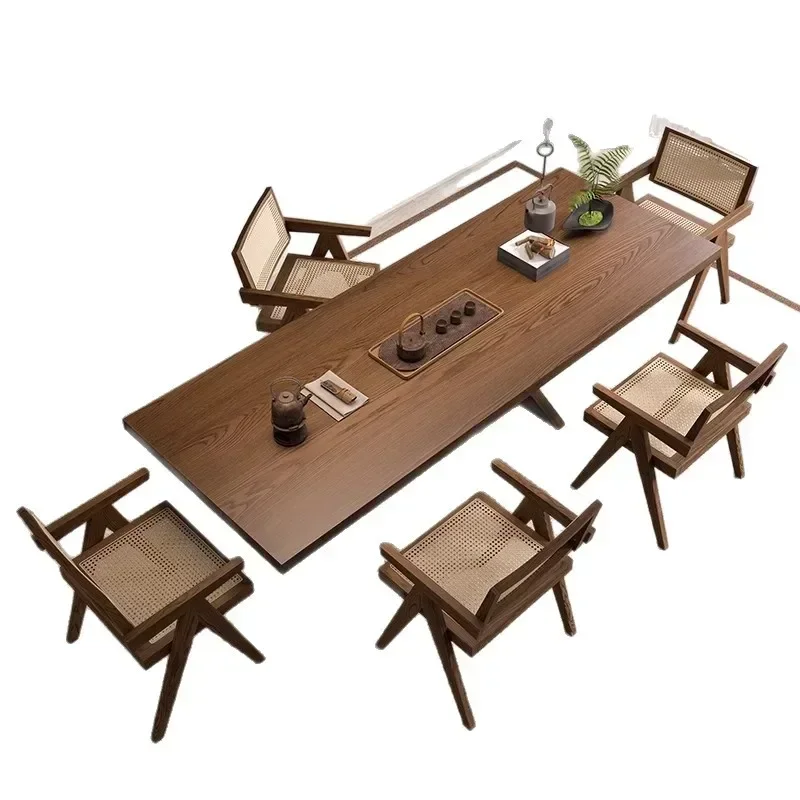 

Solid wood tea table wabi wind home living room office modern simple tea table and chair combination 2025 new