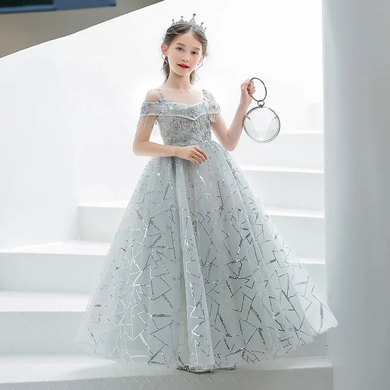 Little Girls Princess Party Dress Kids Birthday Party Outfits Gown Children Tulle Long Prom Dresses Teen Girls School Graduation