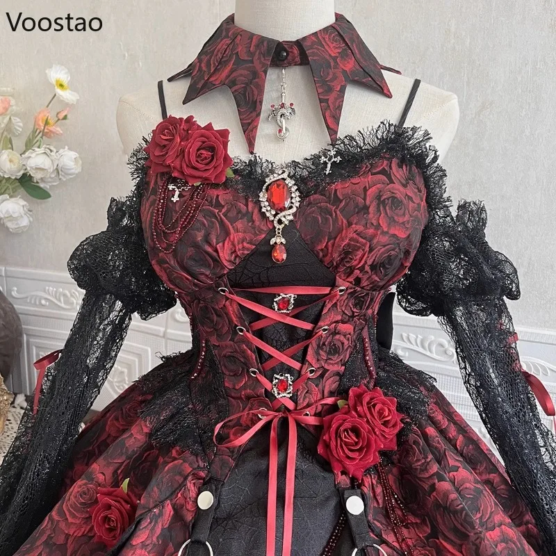 Victoriaanse elegante Lolita-jurk set dames gothic Rose Flower Bandage Halloween feestjurk met zwarte kanten mouw prinsessenjurk