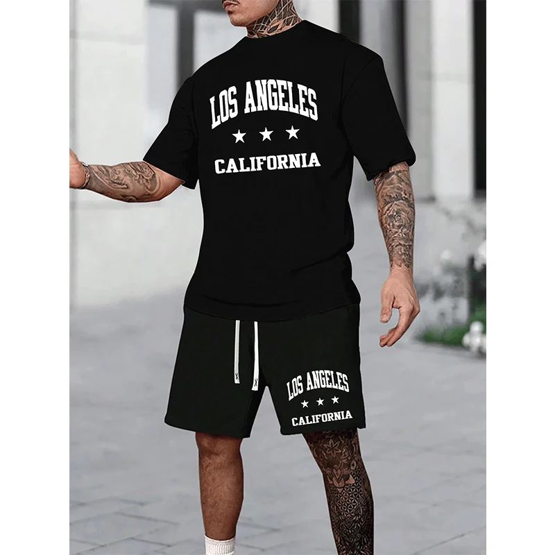 

Men's casual sportswear set, printed with letters, summer breathable, refreshing, loose round-neck T-shirt, big set