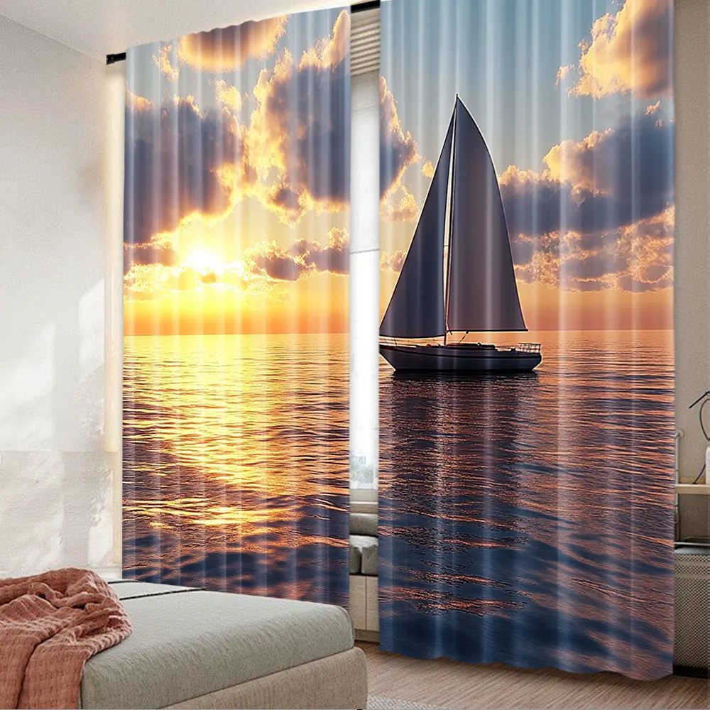 

2Pcs Sea Sunrise And Sunset Scenery Curtains Ocean Sailboat Aesthetic Art Curtains Suitable For Bedroom Livingroom Store Hotel