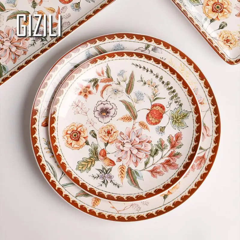 French Retro Flowers Ceramic Dinner Plates Set Kitchen Dishes Steak Salad Tray Steak Plates Home Decor Dishes Tableware Service