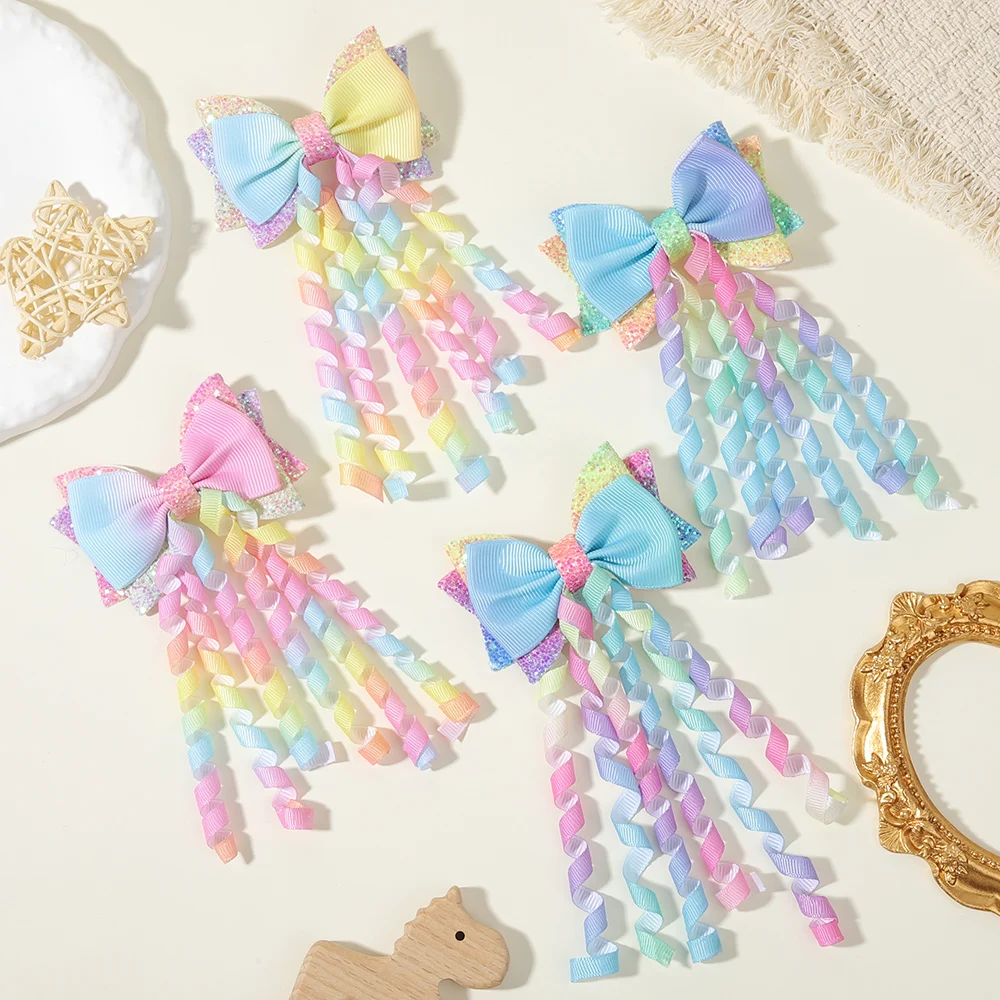 

2Pcs Rainbow Bow Hair Clips Glitter Sweet Curly Ribbon Hairpins Double Ponytail Barrette For Girls Children Headwear Accessories