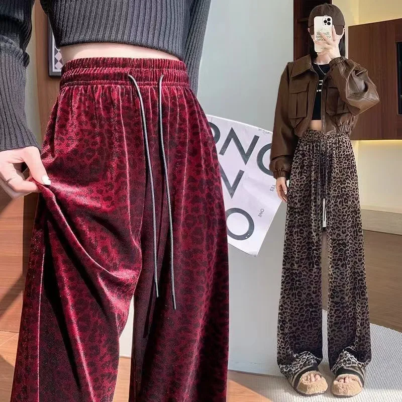 Women's Leopard Print Elastic High Waist Long Pants Cheetah Printed Wide Leg Loose Trousers with Pockets