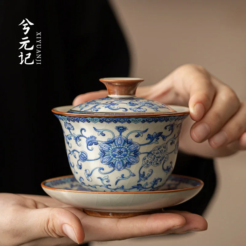 Tea set ceramic plant flower underglaze color high-end gift box covered bowl single teacup with lid household Chinese style bowl