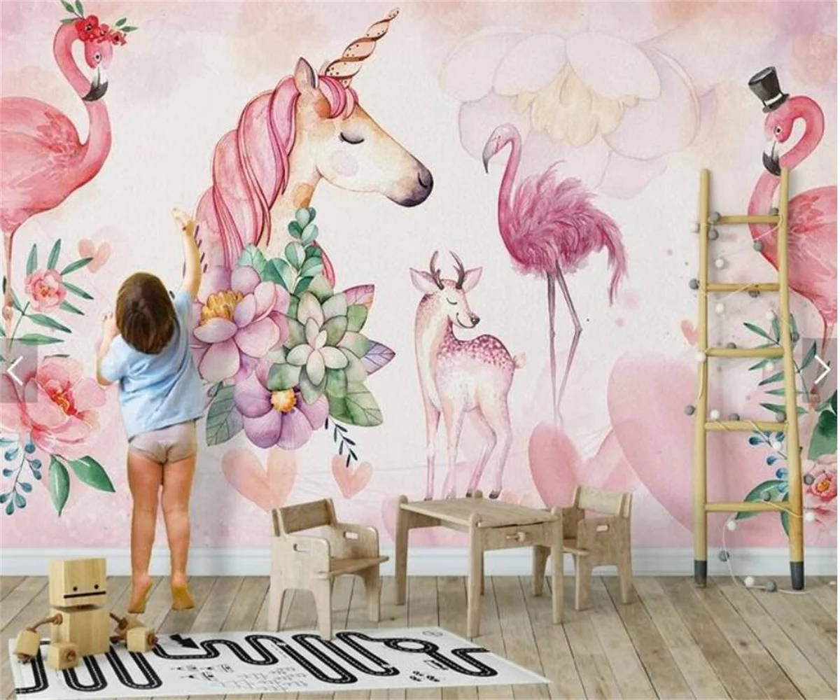 Custom wallpaper murals Creative hand drawn colorful flamingo retro girls and boys' room background painting 3d wallpaper