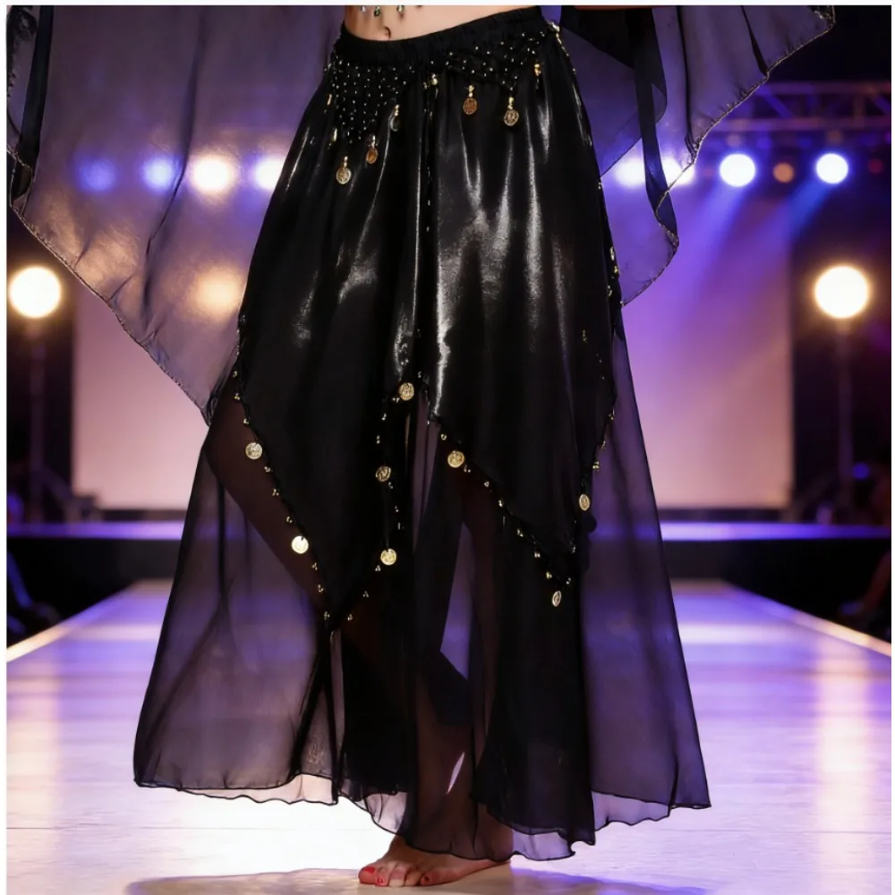 

Юбка для танца живота с блестящими монетами, расклешенная, для индийских выступлений, сценический костюм, тренировочная полуюбка